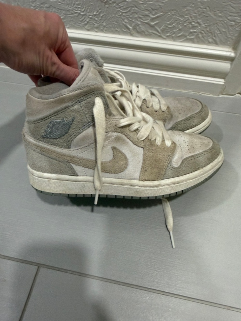 Nike Air Jordan Mid Top Suede Sneakers in Beige and Light Gray